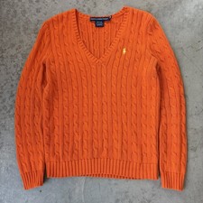 Polo Ralph Lauren Sport Cable Knit V Neck Sweater Orange Cotton Women s Medium