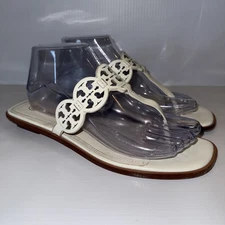 Tory Burch Tiny Miller Logo Leather Thong Sandal Ivory Off White US 9 Slip On