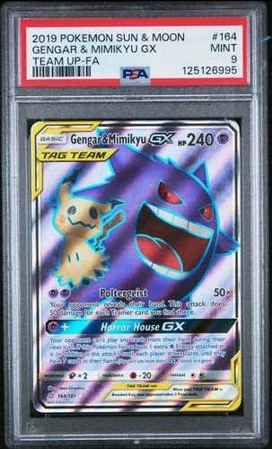 2019 POKEMON SUN & MOON TEAM UP #164 FULL ART/GENGAR & MIMIKYU GX PSA 9