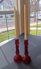 Antique Ruby Red Ribbed Glass Candlestick Holders Set