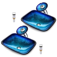 Aquaterior 2 Packs Tempered Glass Sink Transitional Style Basin Waterfall Faucet