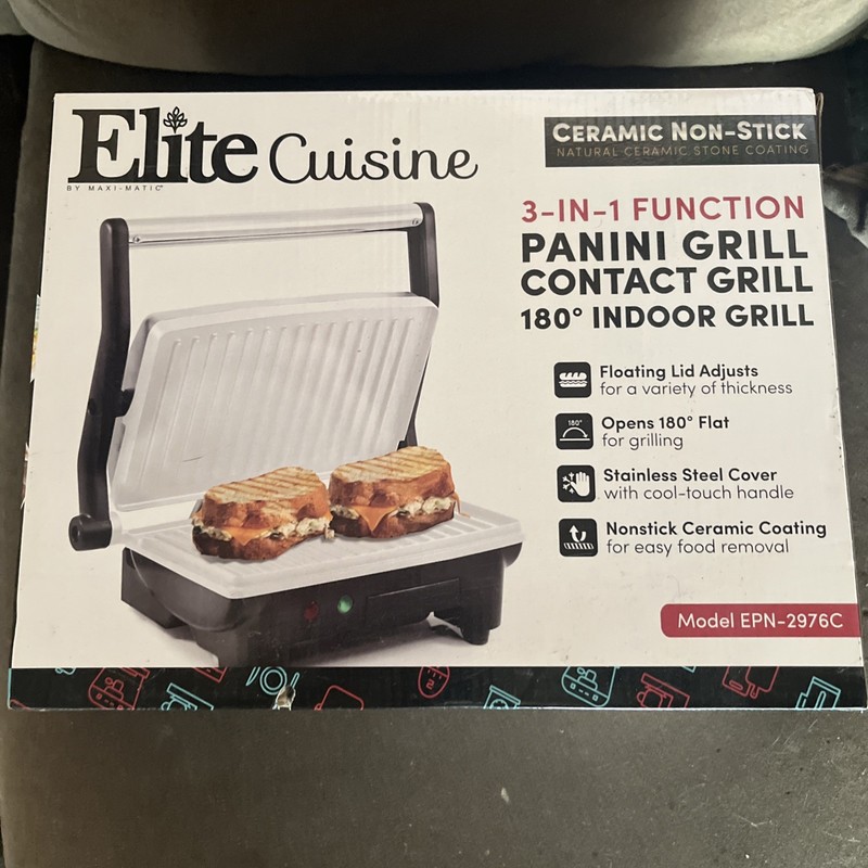 Elite Cuisine 3 In 1 Function Panini Grill Contact Grill 180 Degree Indoor...