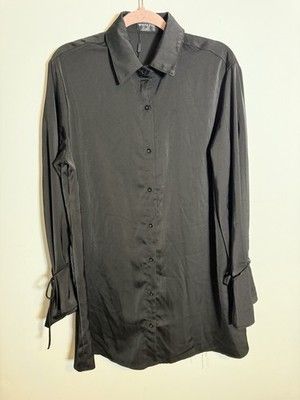 White Fox Black Satin Button Down Blouse Tie Sleeve Minimal Chic Top