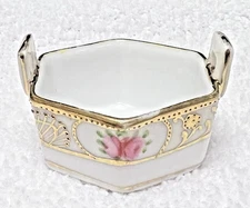 Vintage Nippon Pink Rose Hand Painted Floral w Gold Moriage Open Salt Dip Bucket