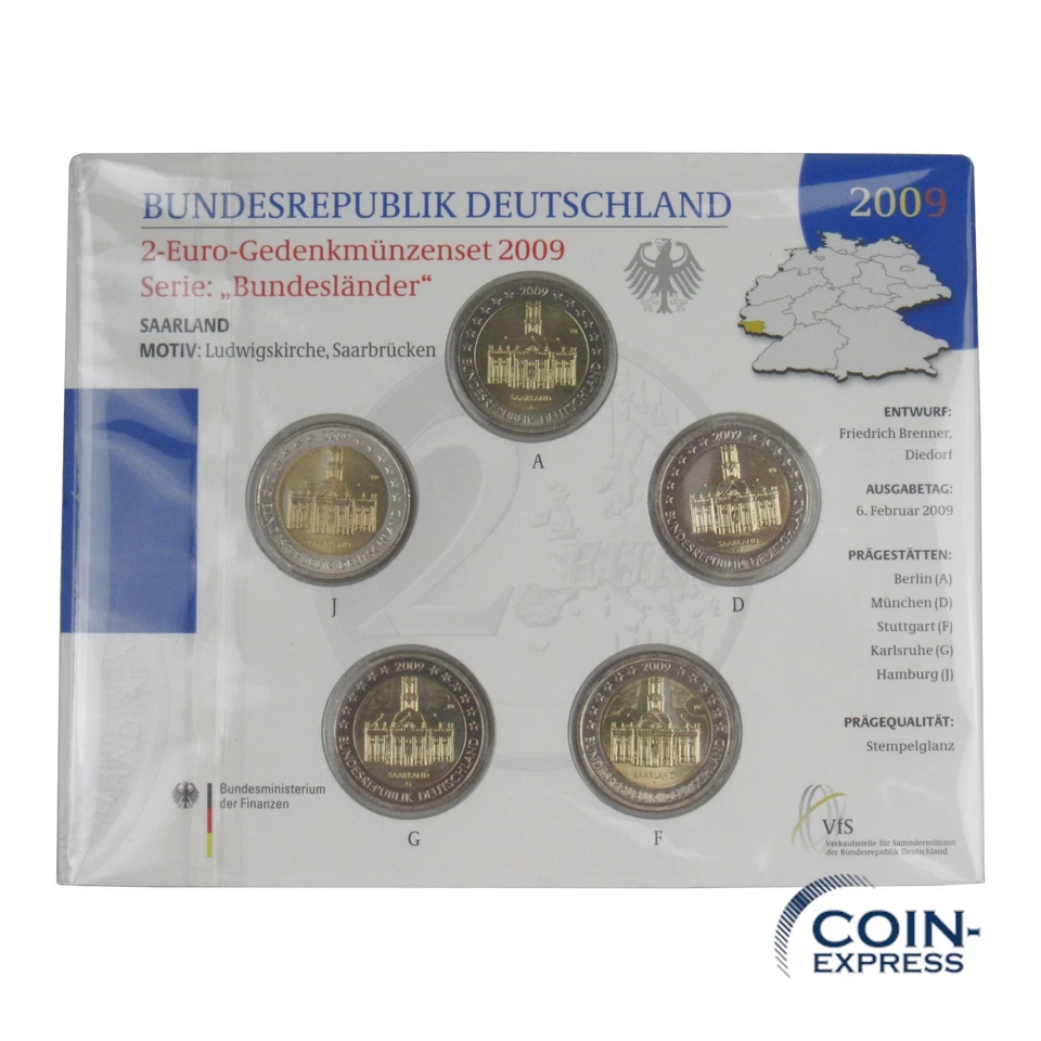 DEUTSCHLAND 2 Euro Gedenkmünzenset 2009 ST ADFGJ Saarland Ludwigskirche Saarbr. - Bild 1 von 1