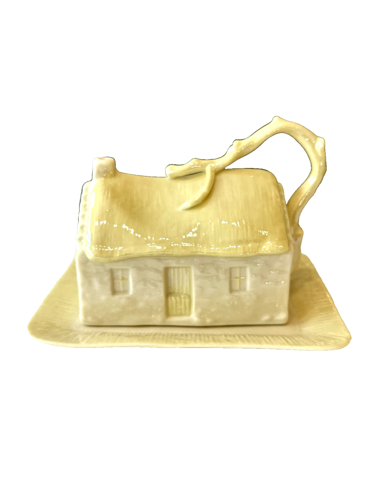 Vintage BELLEEK Cottage Shape Covered Butter - Cheese Dish - 3rd Green Mark