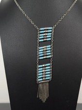 Blue Faux Turquoise Bead Woven Bar Fringe Statement Necklace Tribal Western 30"