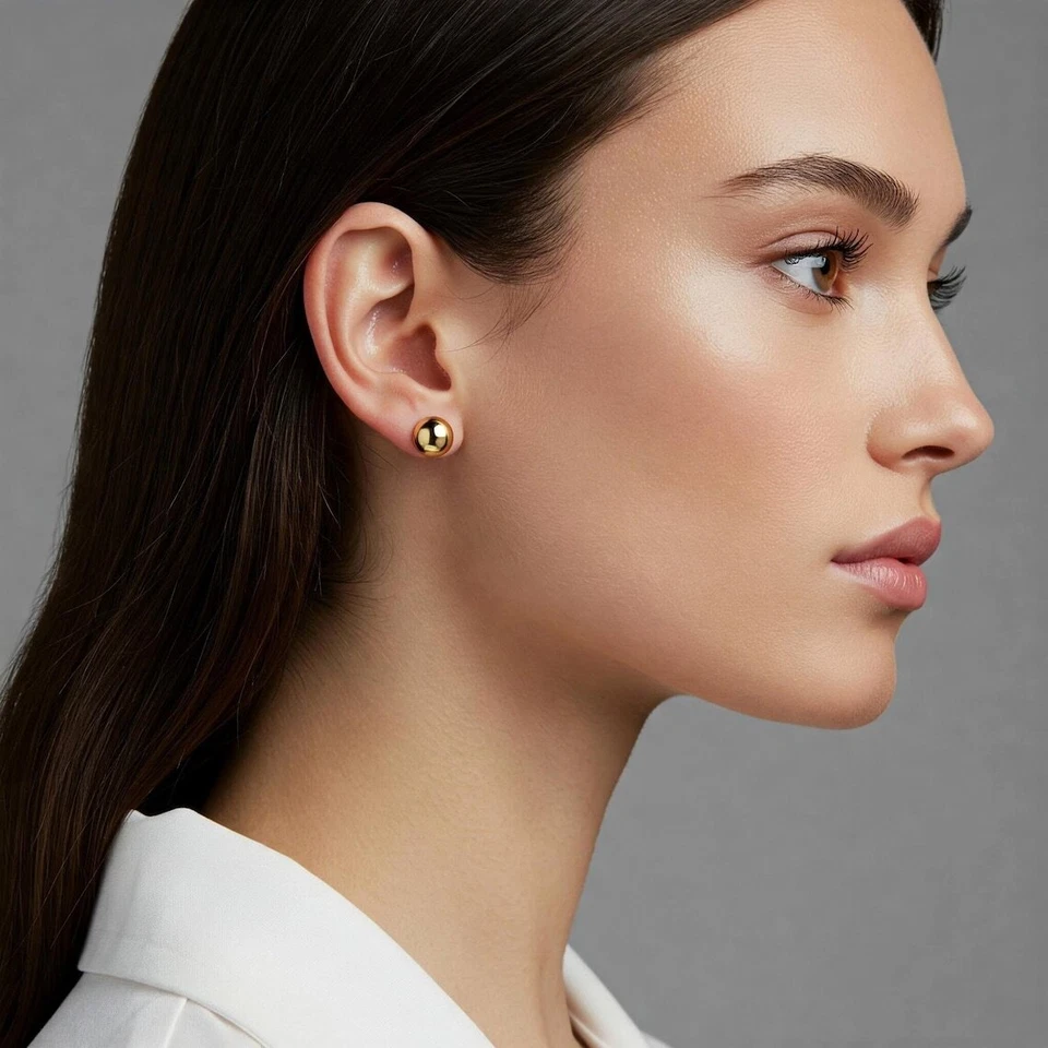 Aretes para dormir con cuentas redondas de oro amarillo macizo real de 14K 3-8 mm Foto 4 de 4