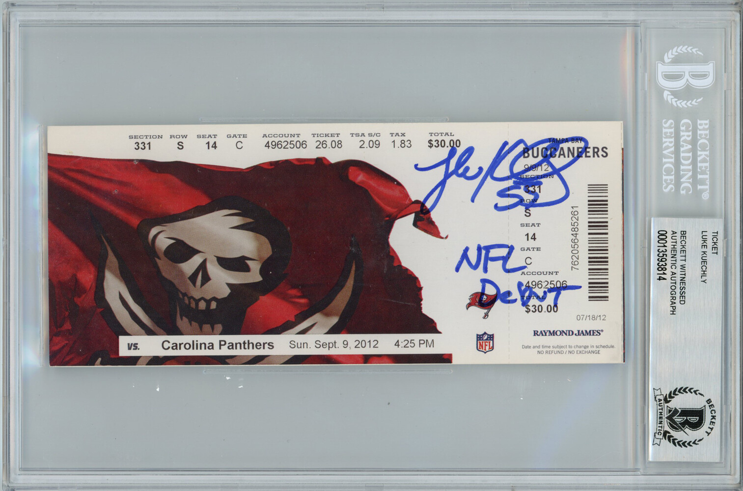Kuechly Autographed Signed Carolina Panthers Luke NFL Debut Ticket Stub Becket Slab 33756 