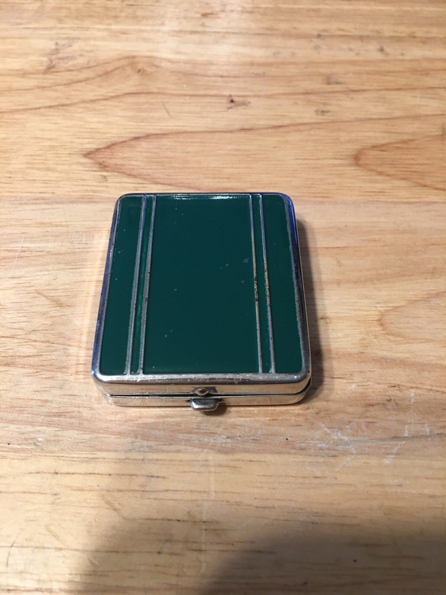 1930's Vintage Powder Compact 2 Compartment Green Enamel Striped