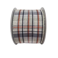 Celebrate It Fall Autumn Wired Ribbon Cream Orange Black Plaid 2.5" x 25' NEW