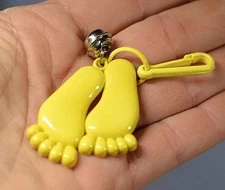 VTG 80's Plastic Clip On Charm with Bell For Necklace Yellow Bare Feet Barefoot 