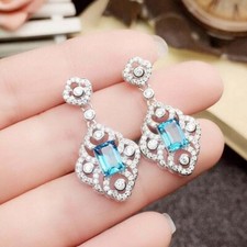 3Ct Emerald Lab Created Aquamarine Drop  Dangle Earrings 14K White Gold Plated