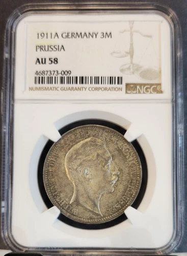 1911 A GERMANY SILVER 3 MARK PRUSSIA WILHELM II NGC AU 58 NICE COIN