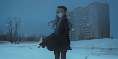 Anime girls digital art artwork portrait snow gun Playmat Game Mat Desk