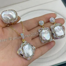 South Sea White Baroque Keshi Pearl Inlay Gem Earrings+Ring+Pendant Necklace Set