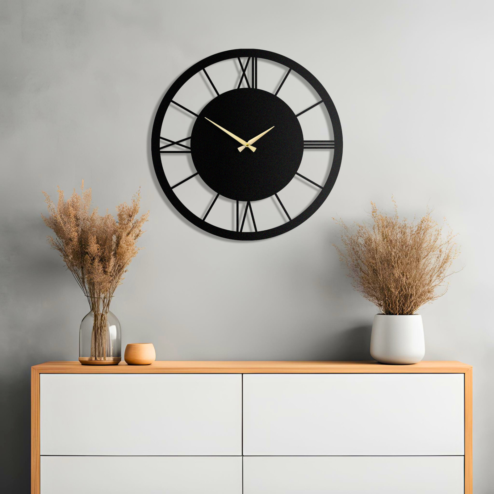 Black Roman Numeral Metal Clock,  Round Wall Clock, Silent Non Ticking Clock