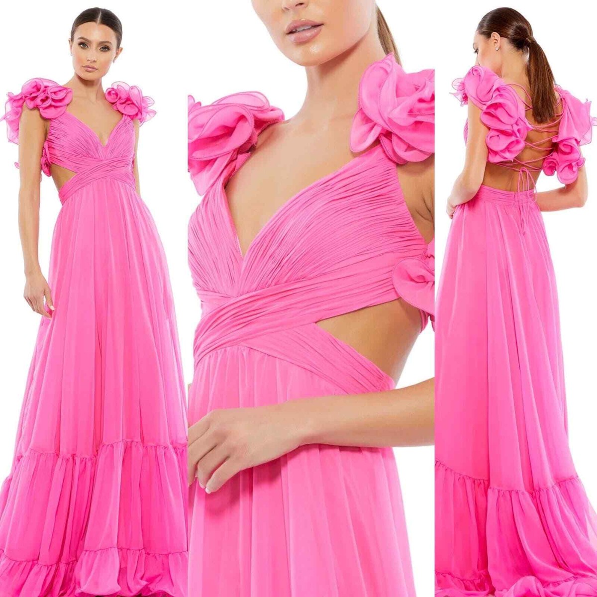 Mac Duggal Ruffle Tiered Cut Out Chiffon Gown Hot Pink 67911