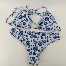NWOT Blue Floral Triangle Bikini Set High Cut Two Piece Swimsuit White Large