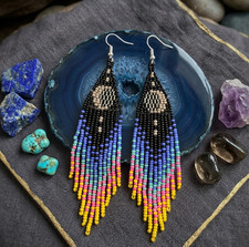 Tribal Earrings Native Large Boho American Seed Beads Handmade Earring