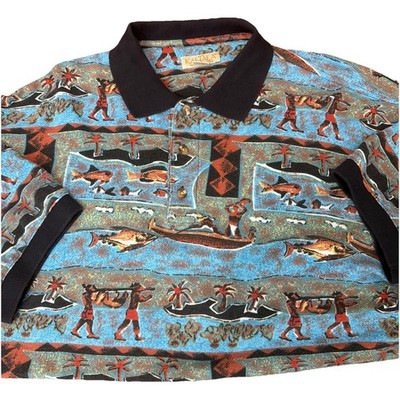 Kahala Avi Collection VTG Mens Polo Shirt Lg Island- People- Fish 1980s-90s