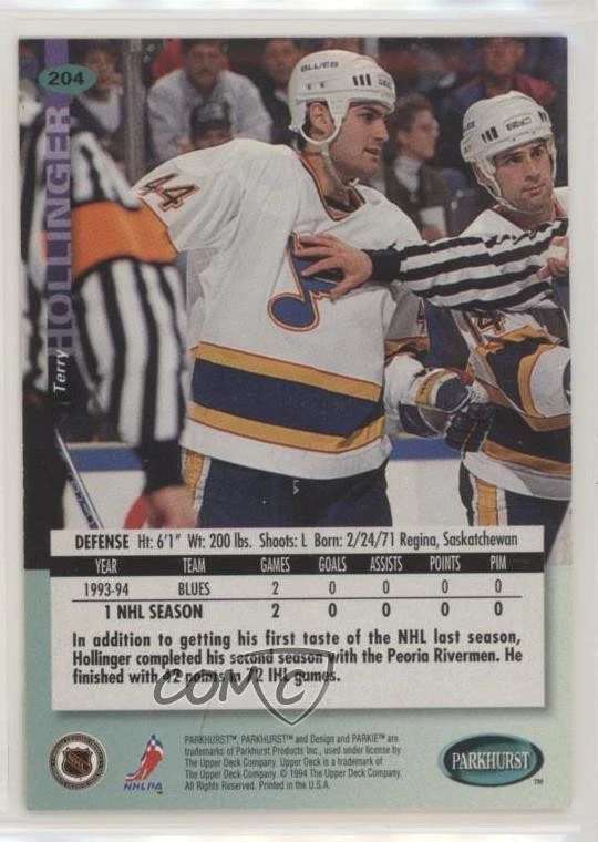 1994-95 Parkhurst Gold Parkie Terry Hollinger #204 Rookie RC - Image 2 of 2