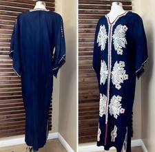1970s 70s Vintage Blue Embroidered White Red Floral Kaftan Caftan Maxi Dress