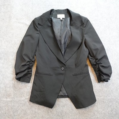 Elizabeth and James Blazer Women 6 Black Ruched Sleeve One Button Jacket