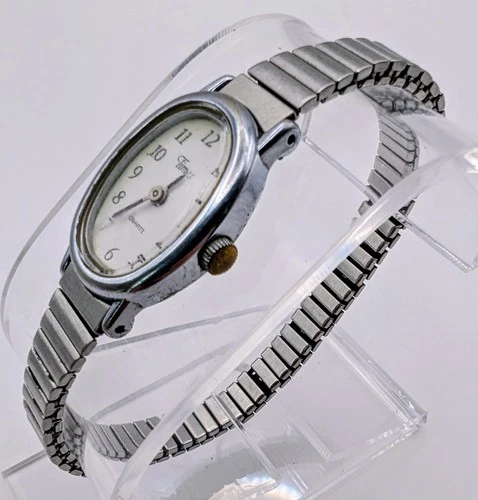 Vtg Timex Cavatina Watch Women 18mm Silver Tone Oval Stretch Band New Battery