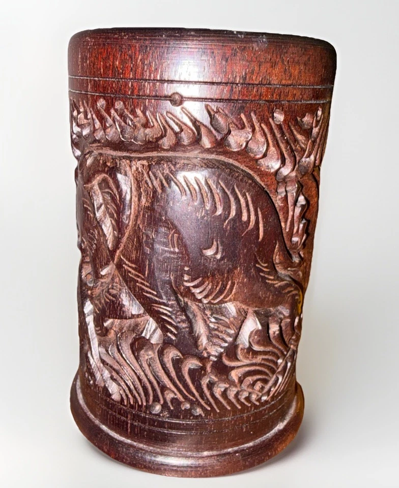 Antigua olla china tallada a mano de madera Bitong figura elefantes Foto 4 de 4