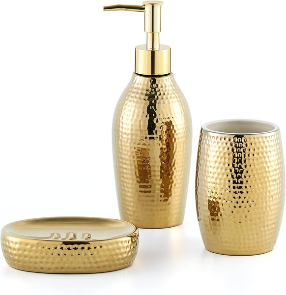 Seifenspender Set 3-Tlg Gold Keramik BadzubehöR Seifenschale Zahnputzbecher-image