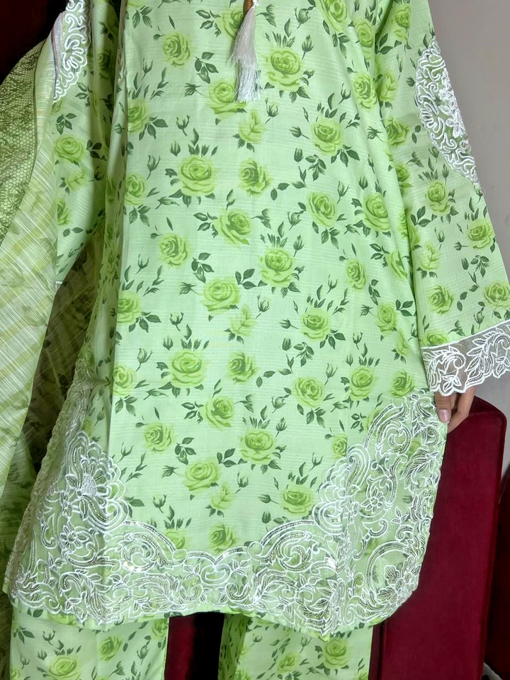 pakistani stitched Lawn 3 piece suit Embroidered Floral Green womens KURTA STYLE - Image 3 of 4
