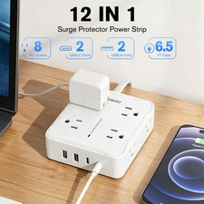Flat Plug Power Strip with 8 Outlet Extension Cord 4 USB Port Surge Protector