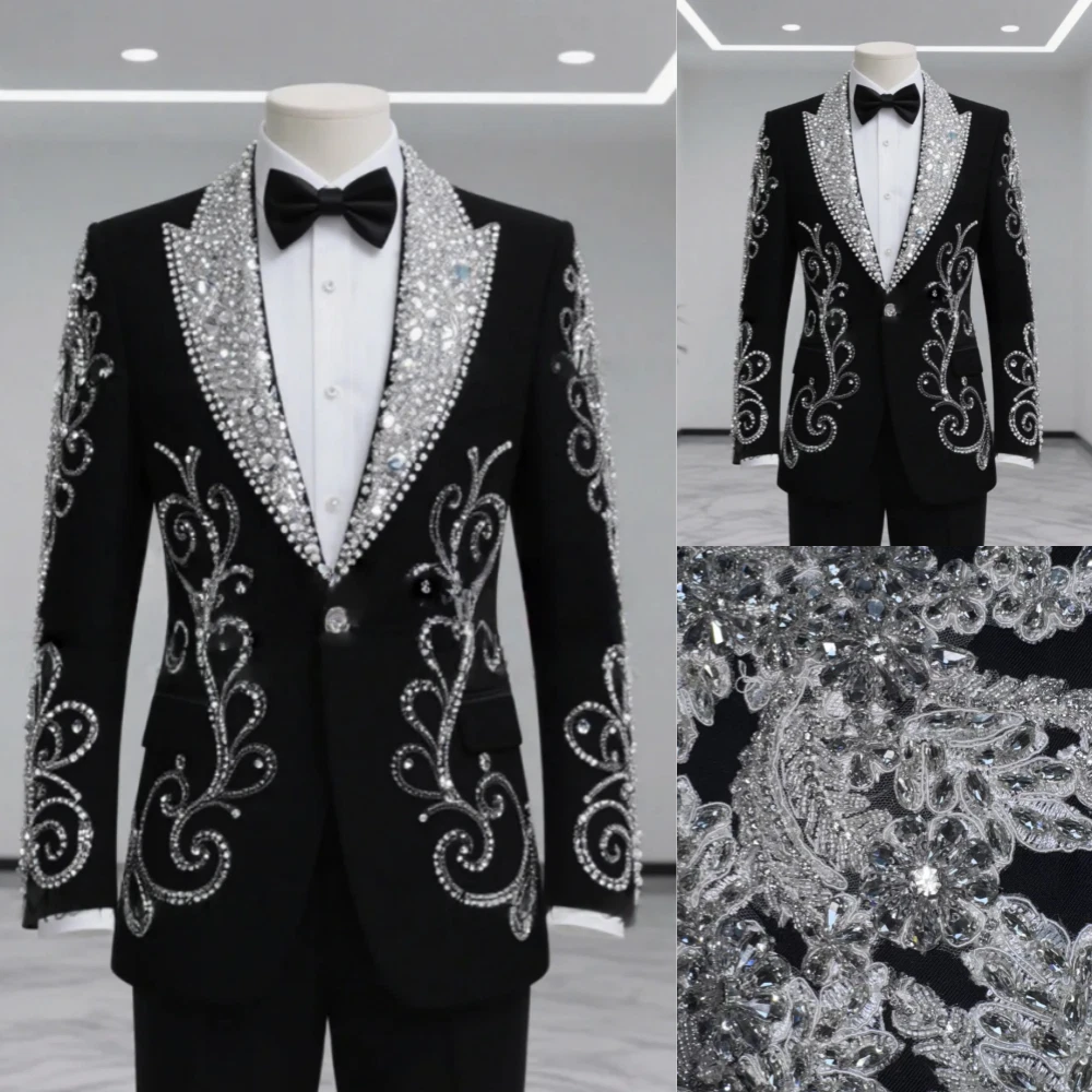 Luxury Appliques Men Suits 2 Pieces Wedding Tuxedo Formal Prom Party Modern Wear