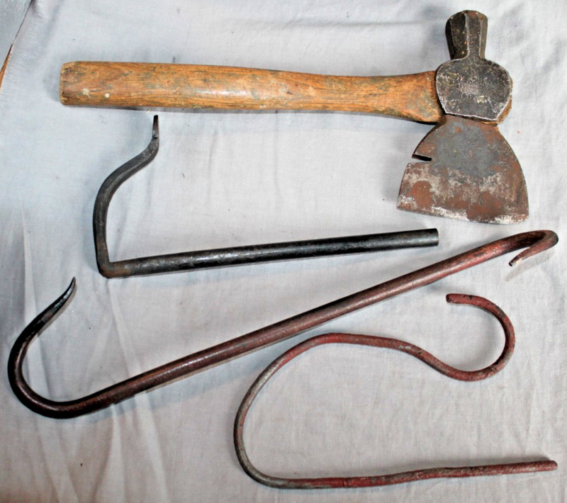 Lot Antique Hand Forged Wrought Iron 15" and 9" Butcher Hooks + Hatchet + Pedal