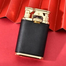 Retro style petrol lighter, black leather and metal, double gear flint wheel
