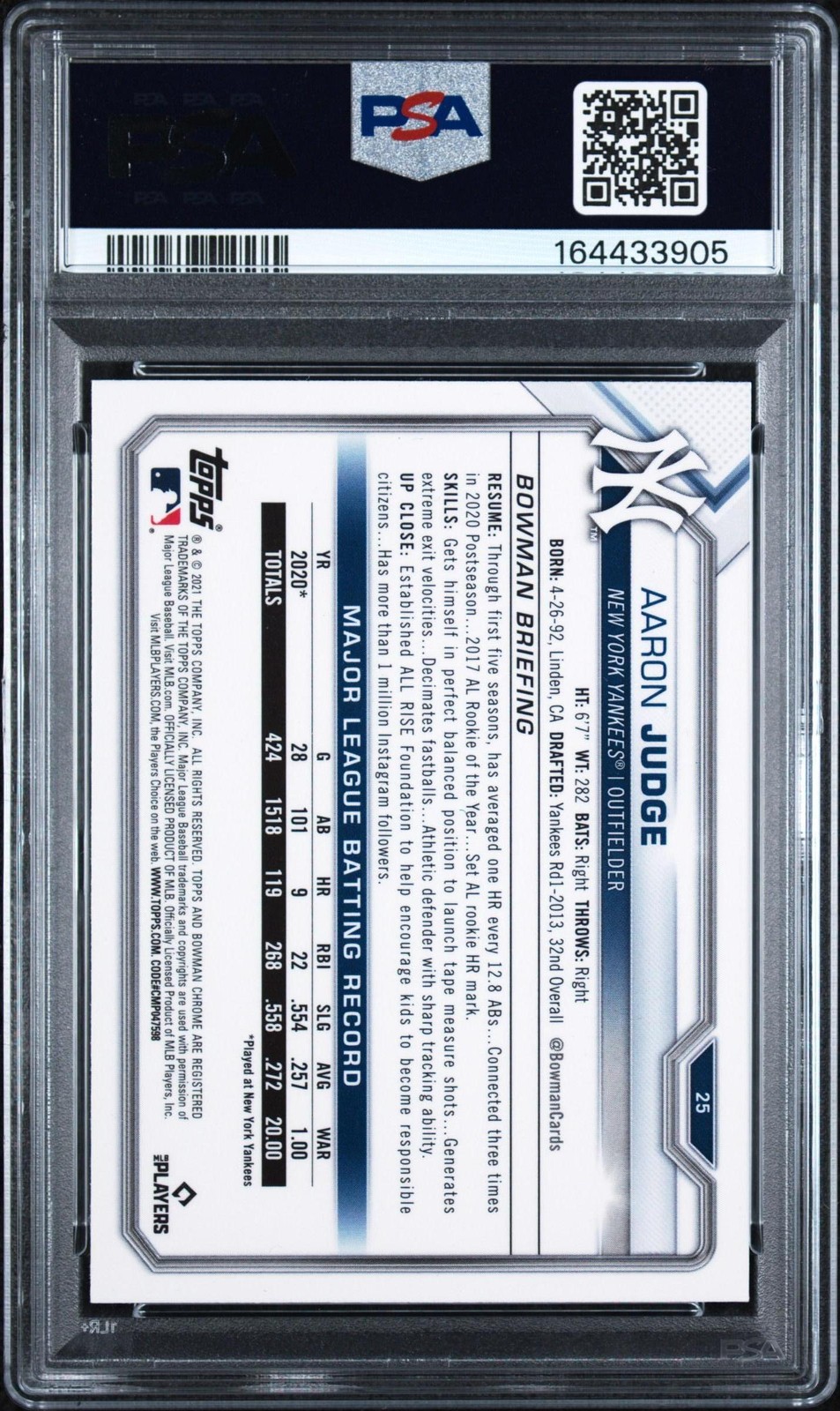Aaron Judge PSA 9 2021 Bowman Chrome #25 New York Yankees view 2
