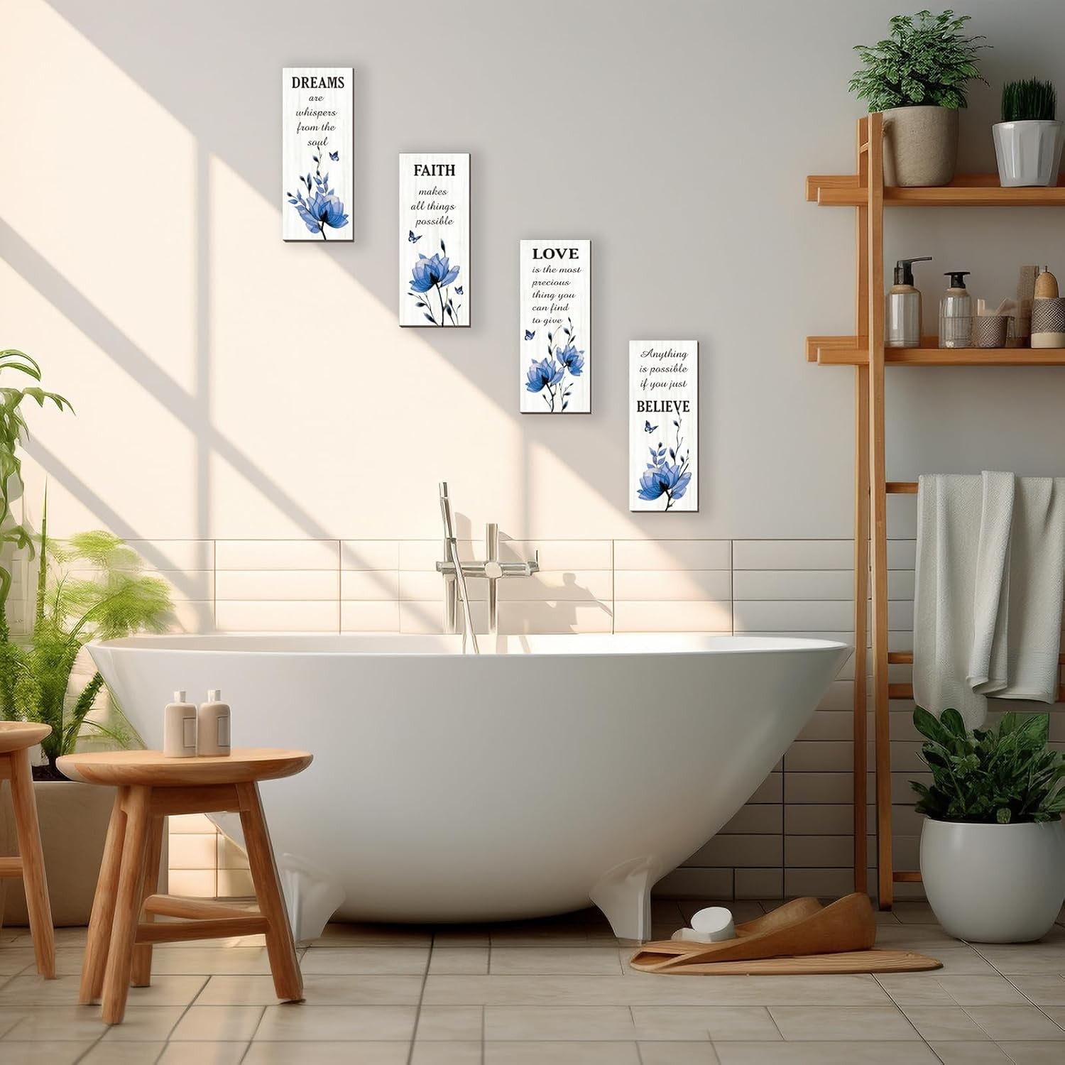 DONFENTHY 4 Pcs Blue Bathroom Decor Wall With Flower Dreams 