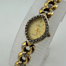 VTG Elgin Quartz Watch Women Genuine Diamonds Gold Tone Oval New Battery 7.25"