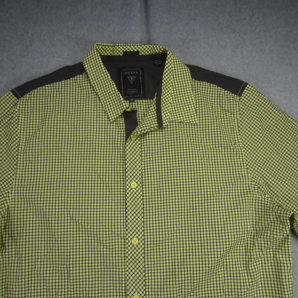GUESS Shirt Mens XL Yellow Green Plaid Slim Fit Button Up Long Sleeve Casual UAE - Image 2 of 4