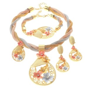 Authentic Three Tone Gold Plated Metal Necklace Bracelet Earring Set HQX450-MUL