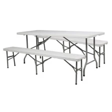 VINGLI 6 FT 3-Piece Portable Picnic Plastic Table Bench Set, White