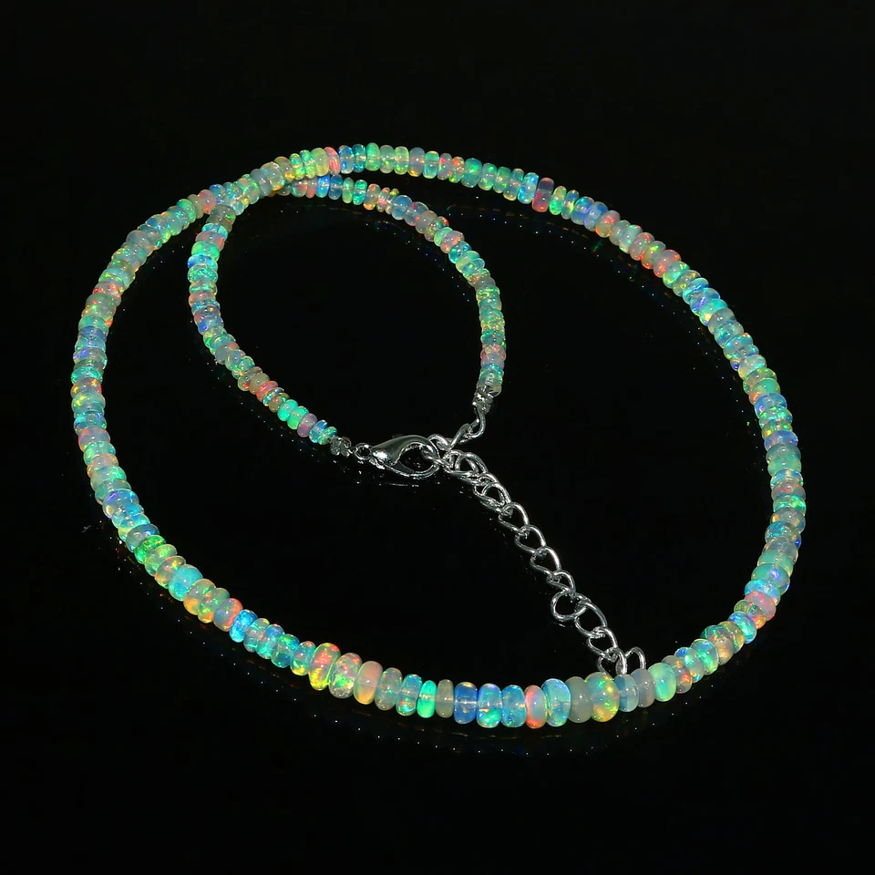 天然埃塞俄比亚 Welo 火蛋白石圆形串珠宝石项链 16 英寸 — 第 2/3 张图片