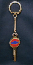 Vintage Old Chevy Chevrolet Blue Bowtie Red Background Gold Crest Key Chain Ring