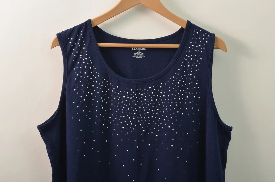 Liz & Me Tank Top Womens 1X 20W Cotton Spandex Blue Embellished T-Shirt - Image 2 of 4