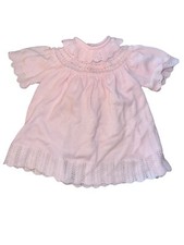 Vintage Smocked Knit Floral Collar Dress Girls 12 Month Rosette Lace Ruffles