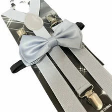 Light Gray/Silver Bow Tie & Matching Suspender Tuxedo Wedding Party Accessories 