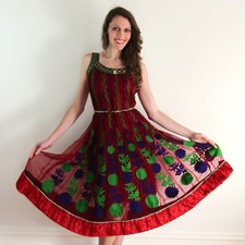 Vtg Red Green SHEER EMBROIDERED SARI DRESS Floral Maroon INDIAN FESTIVAL Hippie