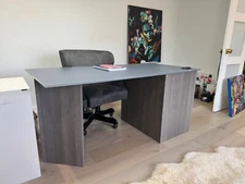 Custom  built desk (gray) wired with electric and blue suede chair set