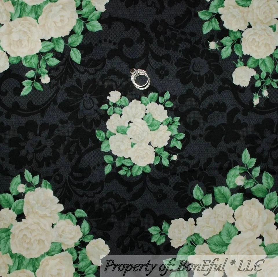 BonEful Fabric FQ Cotton Quilt Black B&W Gray White Rose*bud Flower Damask Toile - Image 2 of 4